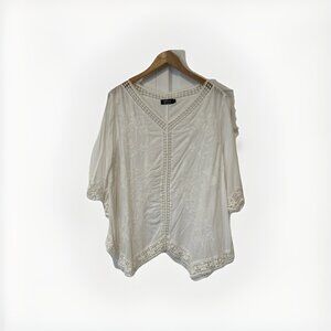 Natura Womens Blouse L/XL White Lagenlook‎ Handkerchief Hem Tunic Top Lace Boho